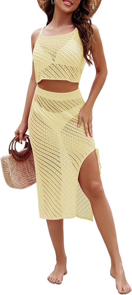 Pink Queen Women Crochet Cover Up 2024 Sexy Knit Hollow Out 2 Piece Outfits Tank Top Long Skirt Beach Coverups