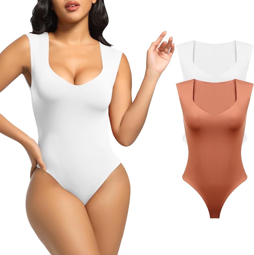 Donnalla 2 Pack Bodysuits for Women Square Neck Sleeveless Summer Tank Tops Tummy Control Shapewear Bodysuit Going Out Tops