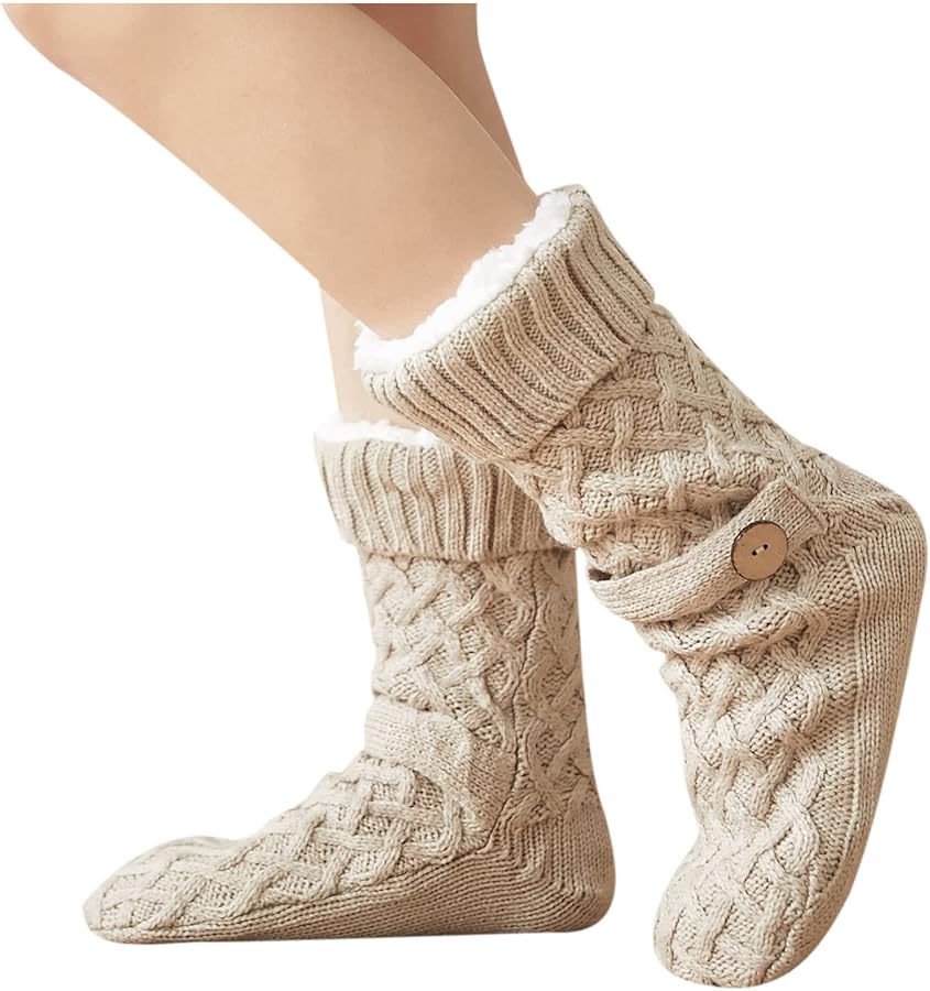 Oplxuo Womens Slipper Socks with Grippers Ladies Warm Cable Knit Fuzzy Socks Winter Cozy Fleece-lined Non Slip Slipper Socks