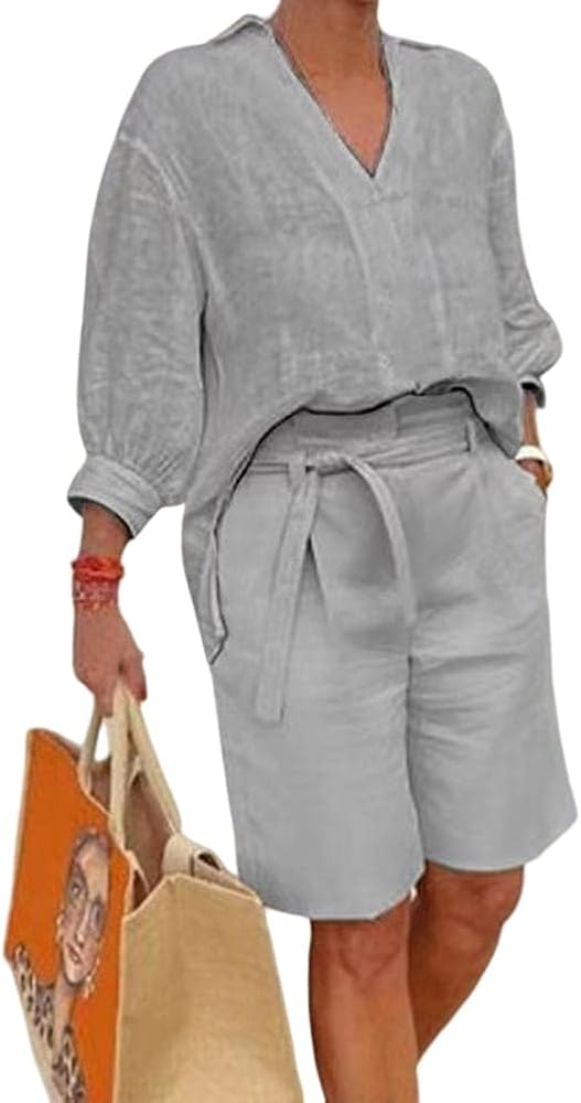 Women Loose Linen Short Two Piece Outfits Casual 3/4 Sleeve V Neck Shirt and Shorts Outfit Overalls with Pocket