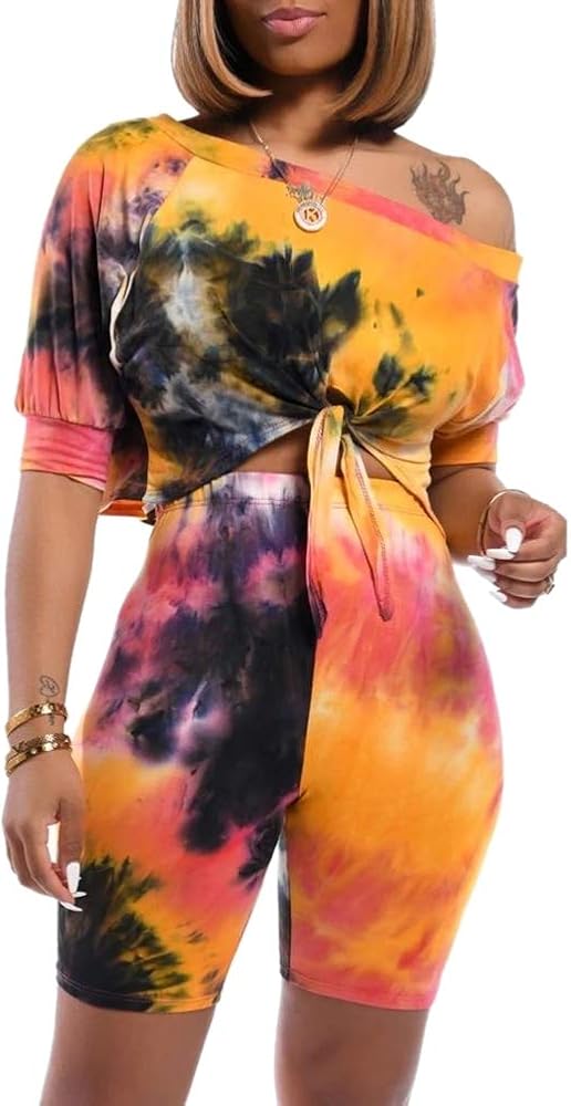 GLIENST Women's Tie Dye 2 Piece Outfits Tie Dye Tops and Jogger Shorts Pants Casual Bodycon Sets Sportwear Tracksuit