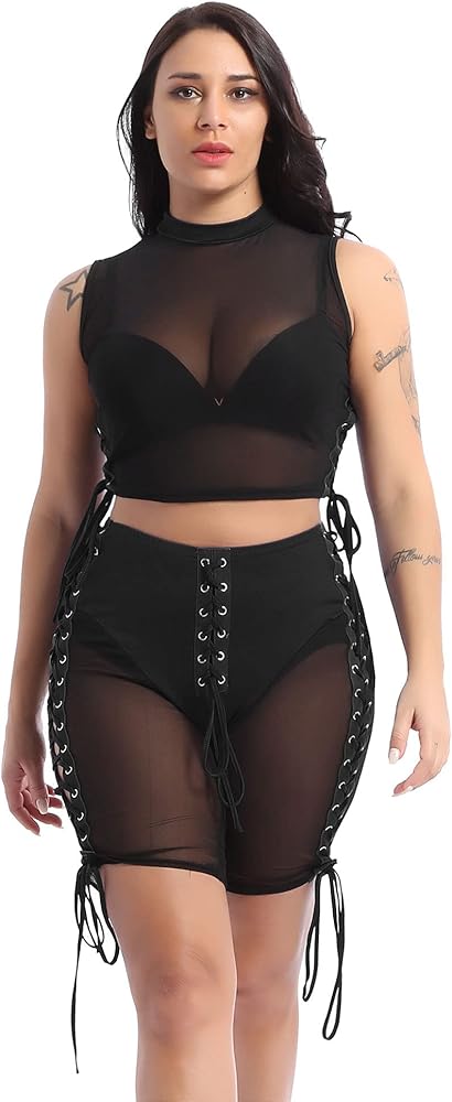 Women Sheer Mesh Patchwork Lace Up Outfit Sleeveless Crop Top with Biker Shorts 2 Piece Set