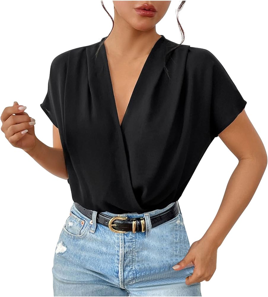 Women's Satin Bodysuit Tops Dressy Pleated V Neck Wrap Cap Sleeve Leotard Jumpsuits Business Casual Shirts