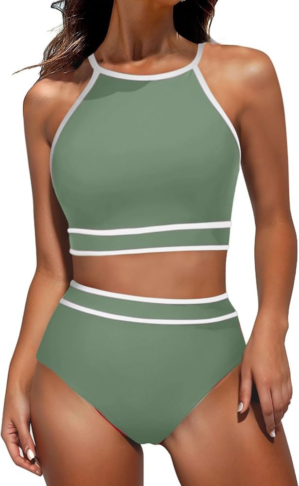 Women's Bikini Swimsuits,Women's Neck Hanging Bikini Sets Sporty Retro Lace up Split Color Block Bathing Suits