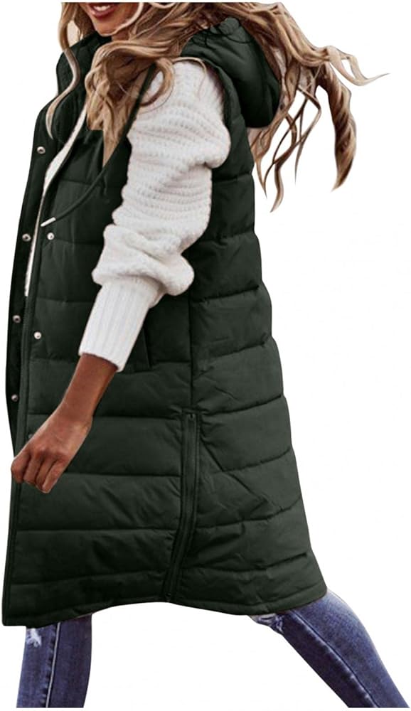 Womens Plus Size Long Down Vest Sleeveless Warm Jacket Winter Thick Slim Zipper Coat Outdoor Puffer VestS Outwear Jacket, B-green, X-Large