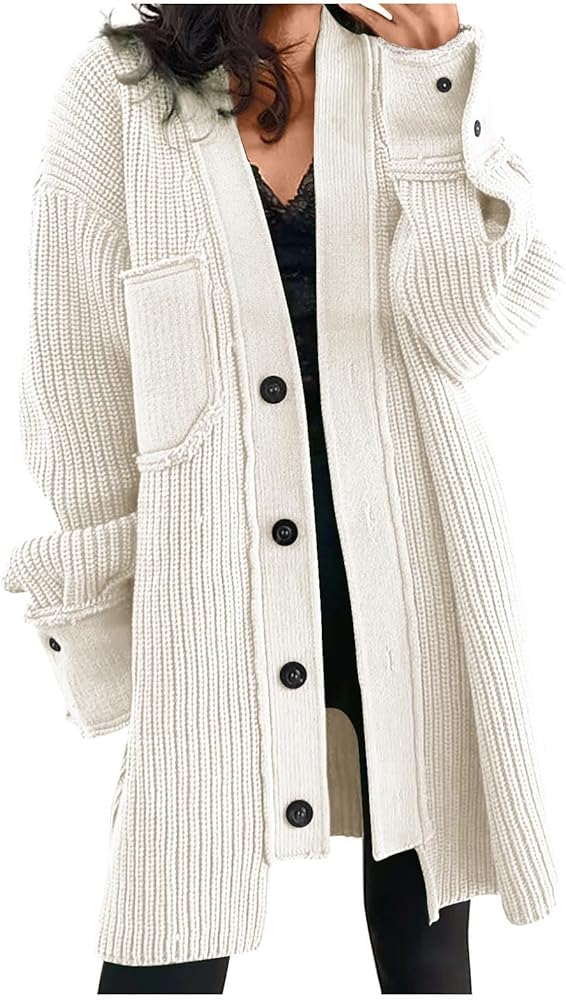 Long Knit Sweater Cardigan for Women Plus Size Open Front Cardign with Button Long Sleeve Solid Color Jacket with Pocket