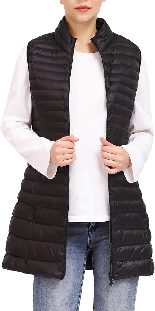 ELFJOY Long Puffer Vest Women Winter Ultra Light Long Down Vest with Stand Collar Black Womens Vests Outerwear