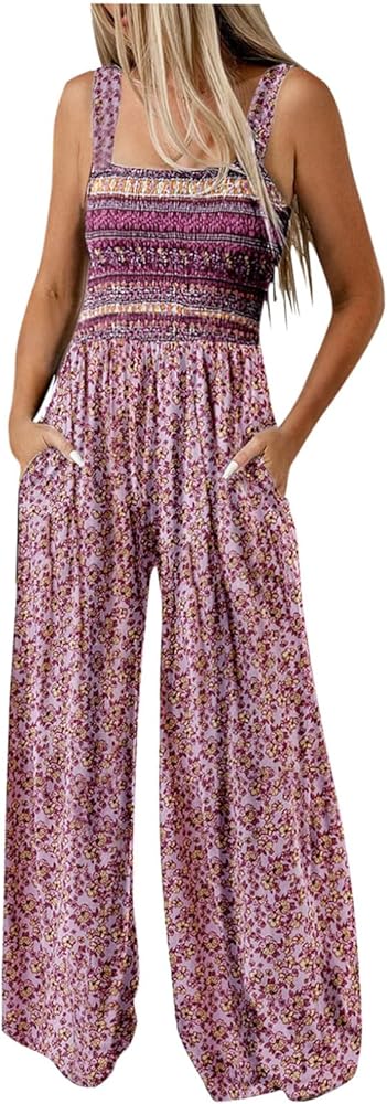 lcepcy Floral Jumpsuits for Women Casual Loose Overalls Sleeveless Printed Wide Leg Long Pant Rompers with Pockets