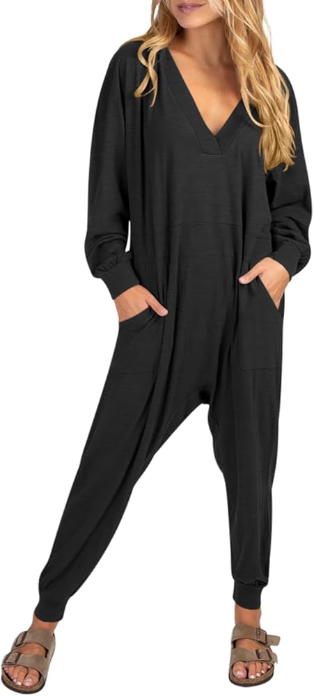 DEEP SELF Womens Long Sleeve Jumpsuit Casual Loose Fit Baggy Overalls Comfy V Neck Harem Jumpsuits Romper with Pockets