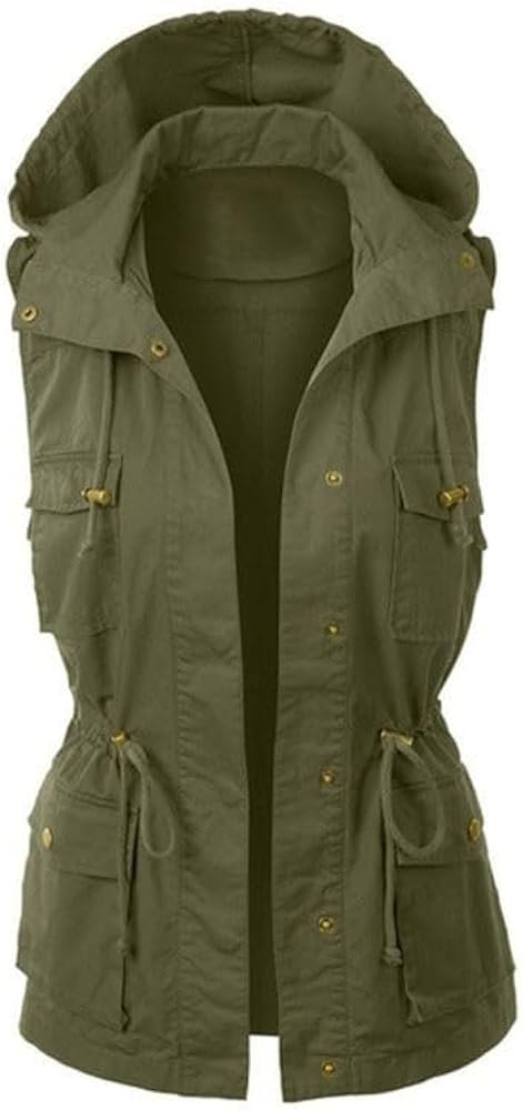 Womens Utility Vest Plus Size Drawstring Waist Military Jacket Casual Button Down Sleeveless Hooded Coat with Pockets