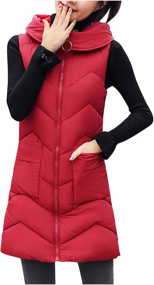 Women Puffer Down Vest Winter Warm Coat Sleeveless Zipper Quilted Jacket Mid Long Hooded Outwear with Pocket