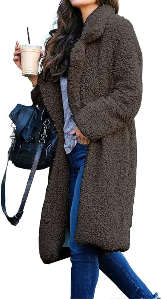 Womens Winter Clothes 2022 Fuzzy Fleece Lapel Open Front Long Cardigan Coat Faux Fur Warm Winter Outwear Jackets