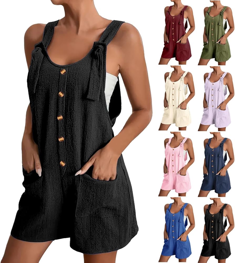 Women Romper Shorts with Pockets 2024 Summer Overalls Sleeveless Jumpsuit Button Jumper Casual Rompers Beachwear