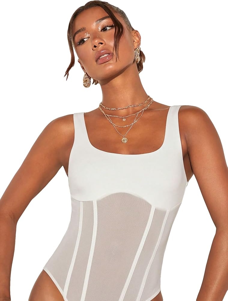 OYOANGLE Women's Casual Square Neck Sleeveless Sheer Mesh Slim Fit Tank Tops Bodysuit Jumpsuits