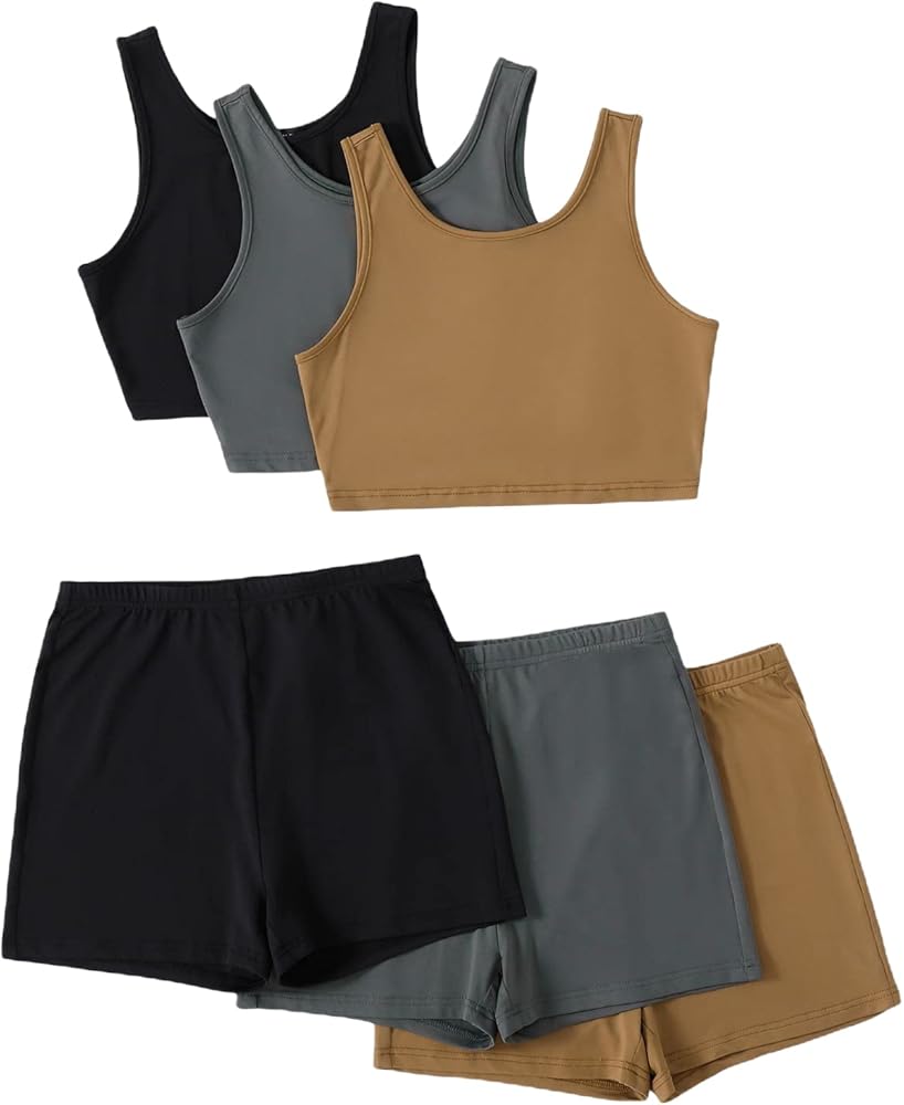 Floerns Women's 6 Piece Outfit Scoop Neck Crop Tank Top and Track Shorts Set