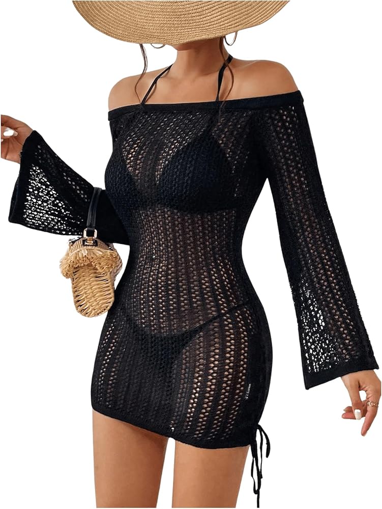 GORGLITTER Women's Hollow Out Cover Up Dress Crochet Drawstring Side Off Shoulder Long Sleeve Beach Dress