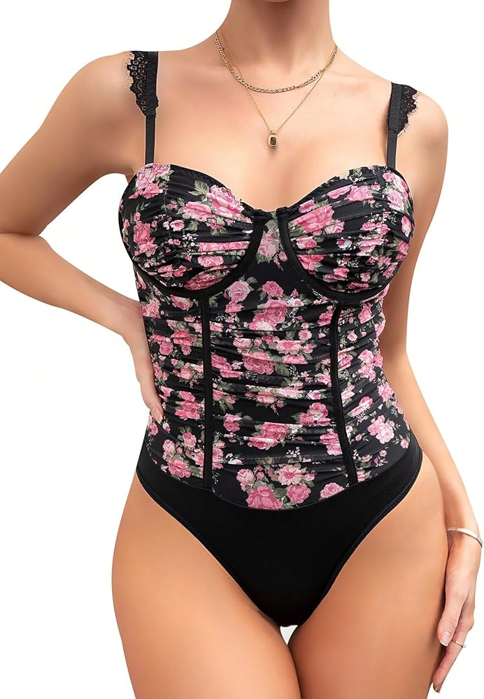 SHENHE Women's Floral Print Lace Trim Sweetheart Ruched Bustier Vintage Bodysuit Top