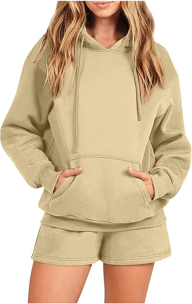 Women Fashion Pullover Hoodie Long Sleeve Shorts Matching Sets with Pockets Loungewear Workout Athletic Tracksuits