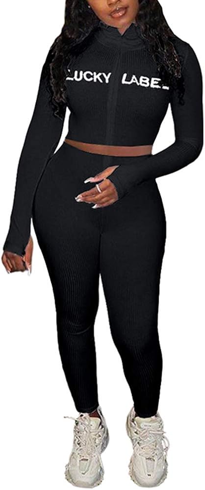 ALLUMK Women Knit 2 Piece Outfits Zipper High Neck Crop Tops Bodycon Pants Set Tracksuits