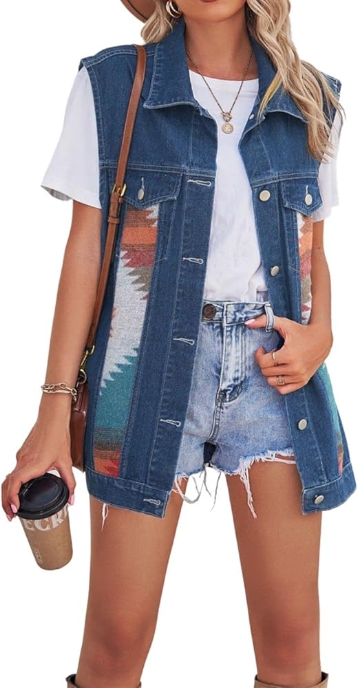 Kwoki Women's Aztec Patchwork Denim Vest Casual Oversied Button Down Boho Jean Jacket