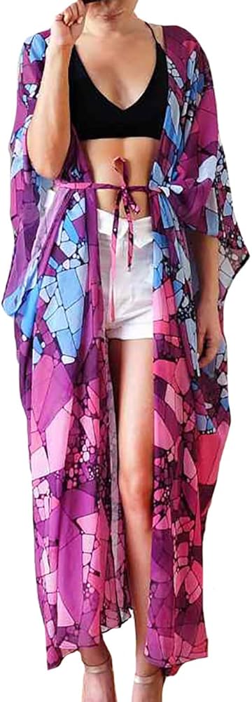 MEILING Women's Printed Long Kimono Cardigan Hobo Beach Robe Dress Bikini Swimsuit Cover up Swimwear