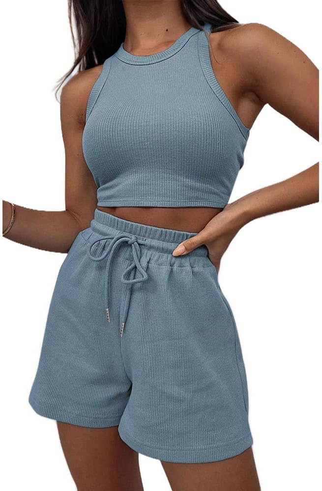 Cotton Lounge Sets for Women Summer Outfit Vacation Sleeveless Crop Tank Top and Elastic Waist Shorts Workout Clothes