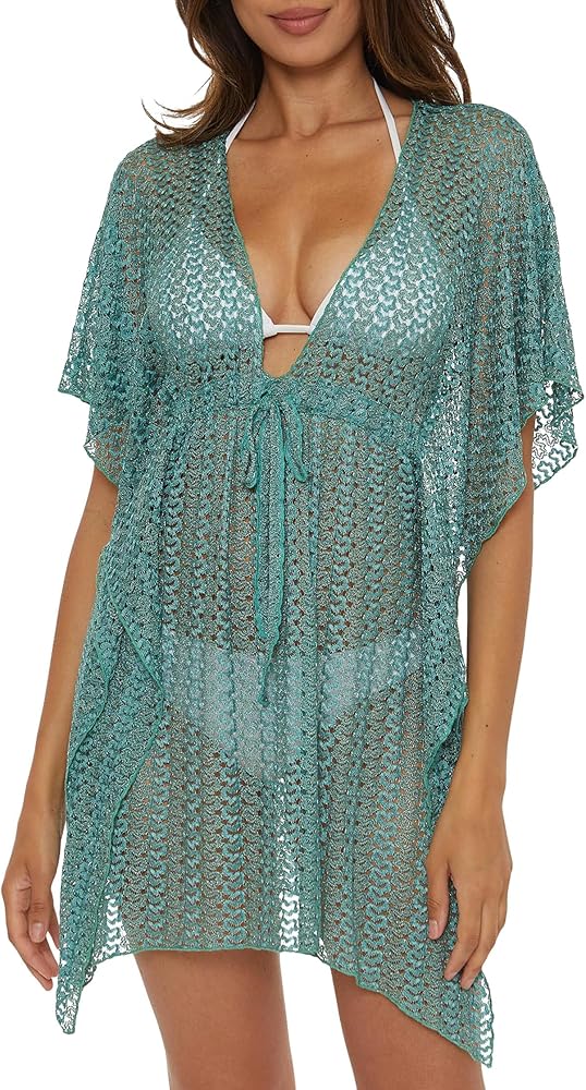 BECCA Women's Standard Golden Lace Crochet Tunic, Plunge Neckline, Beach Cover Ups