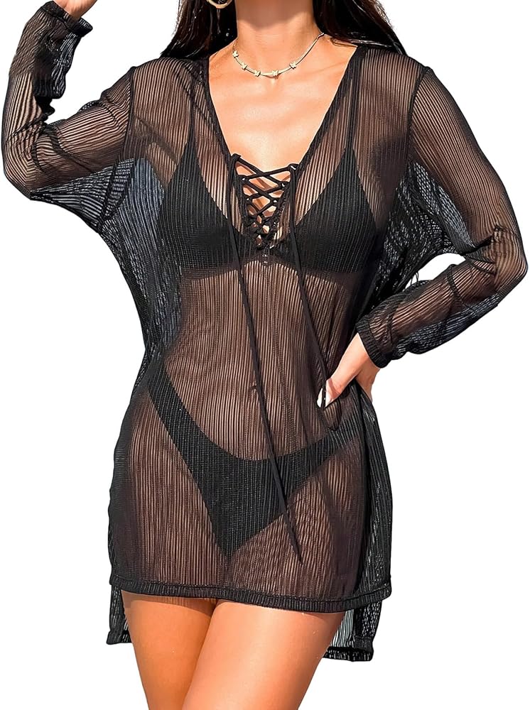 MakeMeChic Women's Long Sleeve Sheer Cover Up Dress V Neck Lace Up See Through Mini Beach Dresses