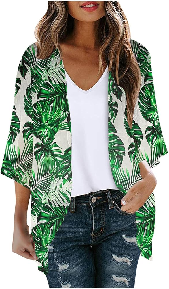 Women 2024 Chiffon Cardigans Tropical Printed Kimono Robe Tops Boho Beach Bikini Cover Ups Flowy Summer Dressy Blouses