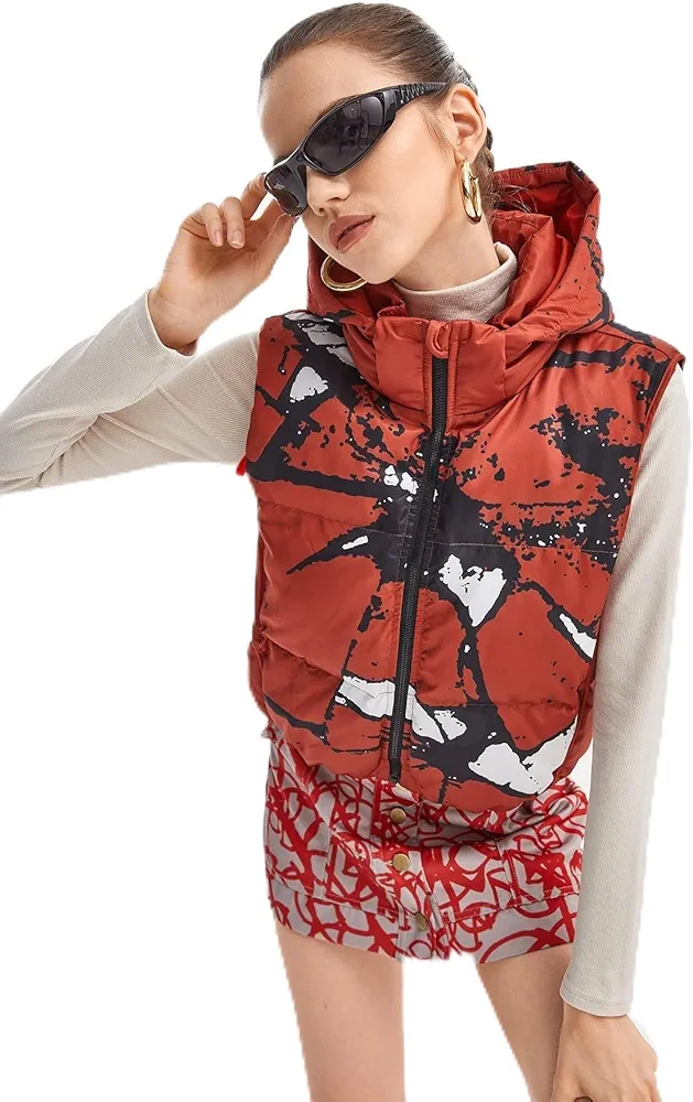 Women's Jackets Jackets for Women Graphic Print Zipper Hooded Vest Puffer Coat Jacket (Color : Burnt Orange, Size : Small)