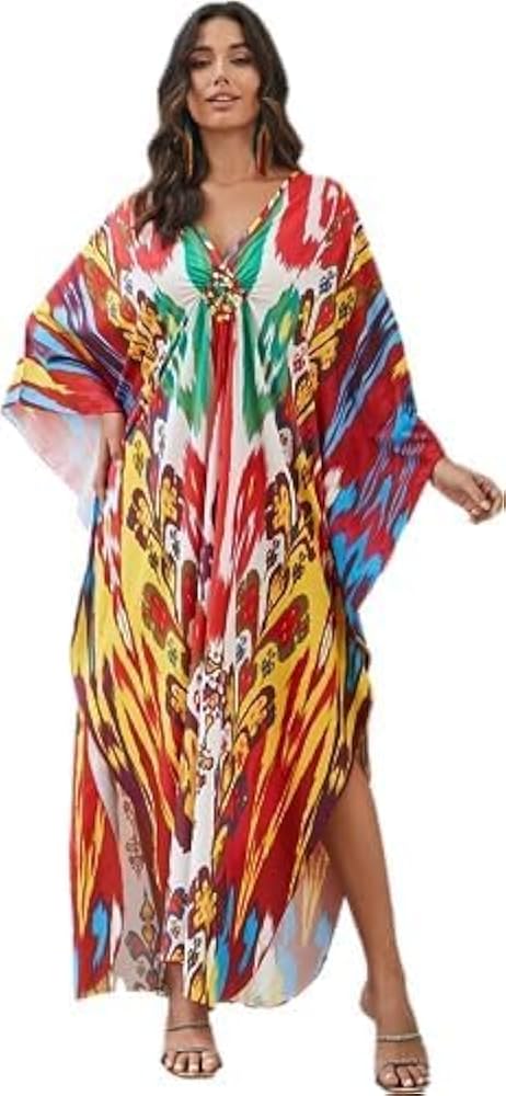 women's plus size swim cover up animals print caftan dress vneck lightweight kaftan batwing sleeve beachwear dress