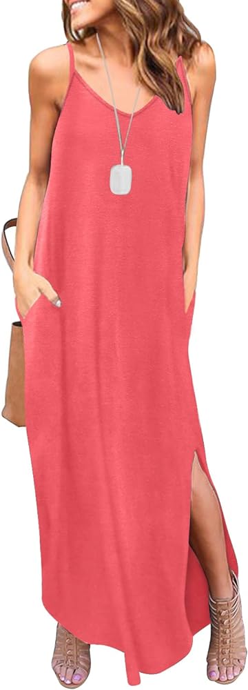 HUSKARY Women's Summer Casual Sleeveless V Neck Strappy Split Loose Dress Beach Cover Up Long Cami Maxi Dresses with Pocket