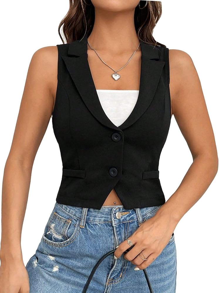 Verdusa Women's Button Front Lapel Collar Sleeveless Vest Blazer Jackets