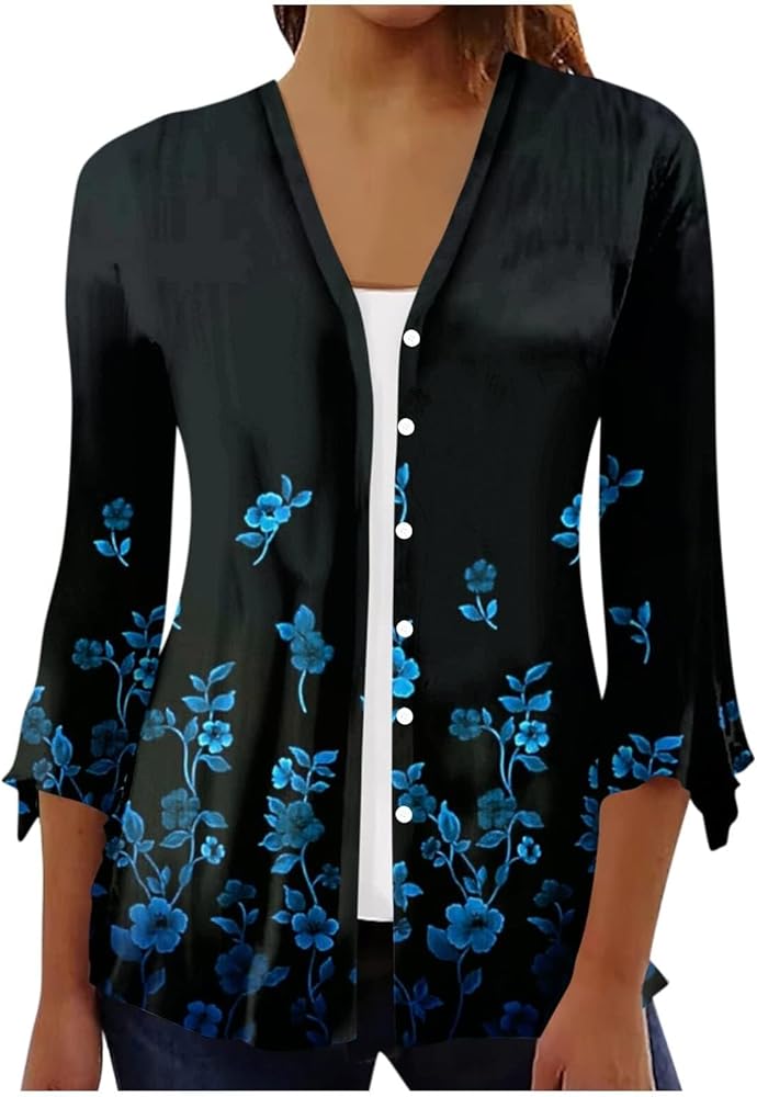 Cropped Cardigan for Women Floral Print Lightweight Summer Beach Cover Ups Plus Size 3/4 Sleeve Open Front Casual Tops