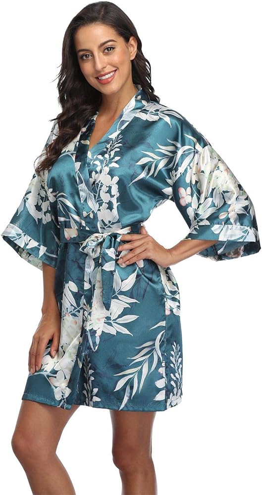 Women Floral Robes Bridesmaids Short Satin Kimono Sleepwear for Wedding Party