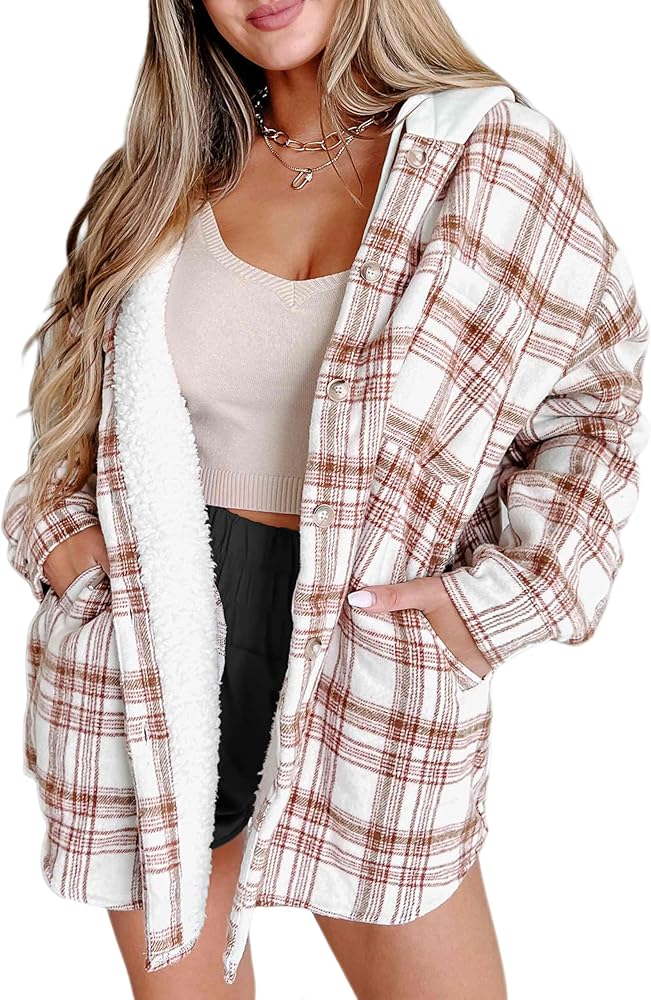 Merryfun Womens Plaid Shacket Jacket Sherpa Lined Flannel Jackets Oversized Button Up Fleece Hooded Warm Coat