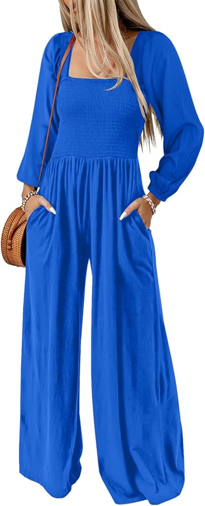 Dokotoo Women's Casual Loose Overalls Jumpsuits One Piece Long Sleeve Wide Leg Long Pant Rompers With Pockets