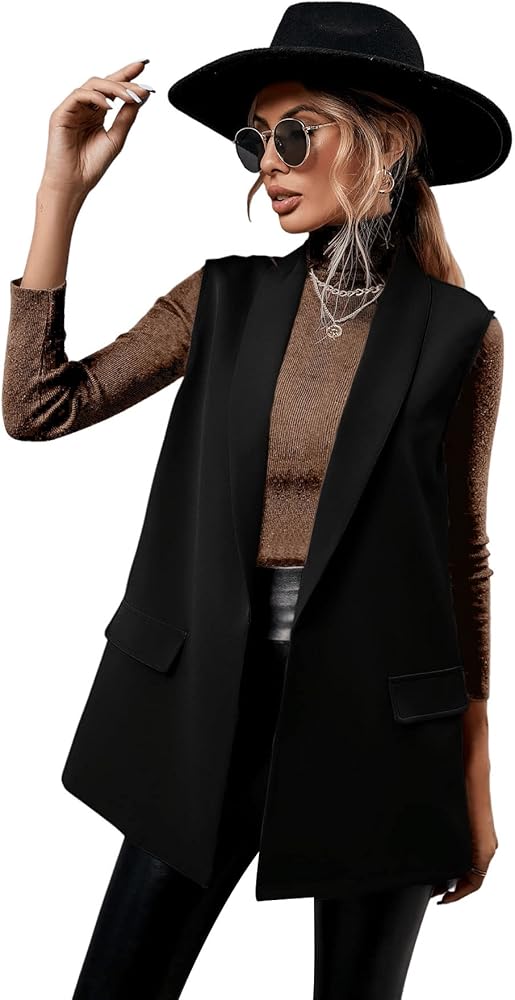 SweatyRocks Women's Elegant Sleeveless Blazer Jacket Vest Open Front Long Cardigan Black XL