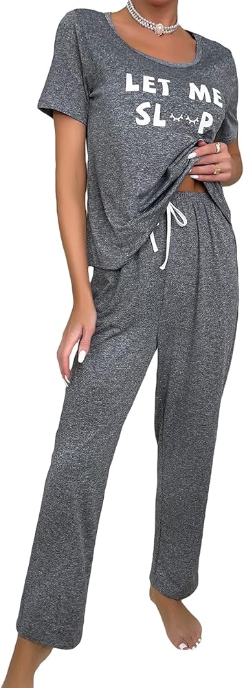 OYOANGLE Women's 2 Piece Pajamas Sets Short Sleeve Tee Shirt and Long Sleepwear Lounge Pants