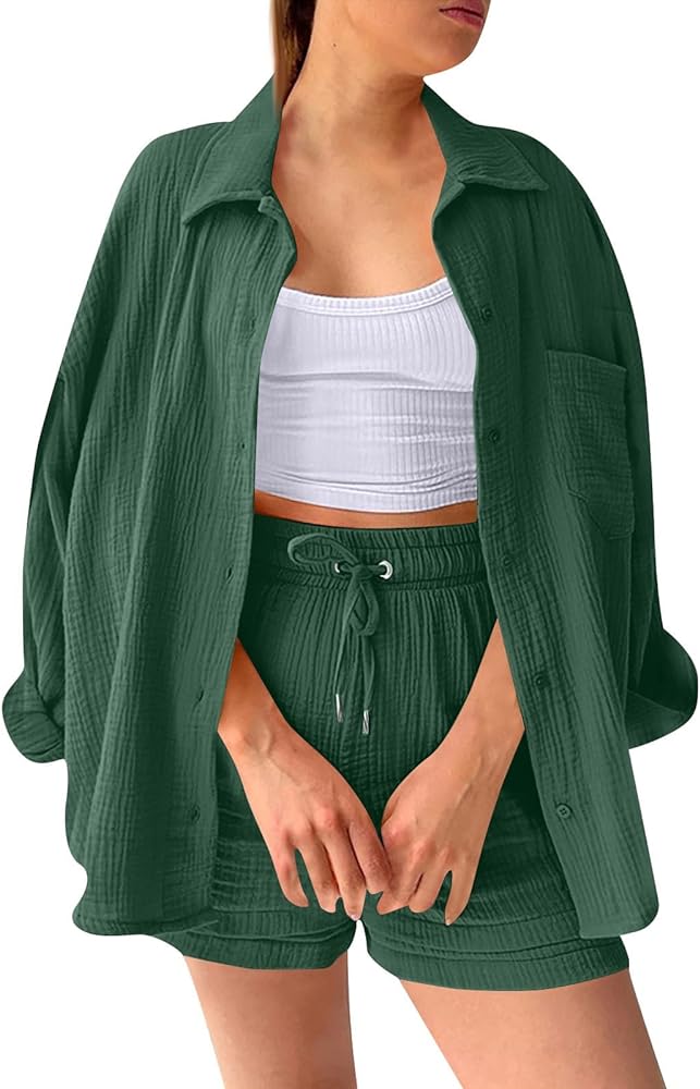 YUTANRAL 2 Piece Outfits for Women Summer Long Sleeve Button Down Shirts adn High Waisted Baggy Shorts Pajama Lounge Sets