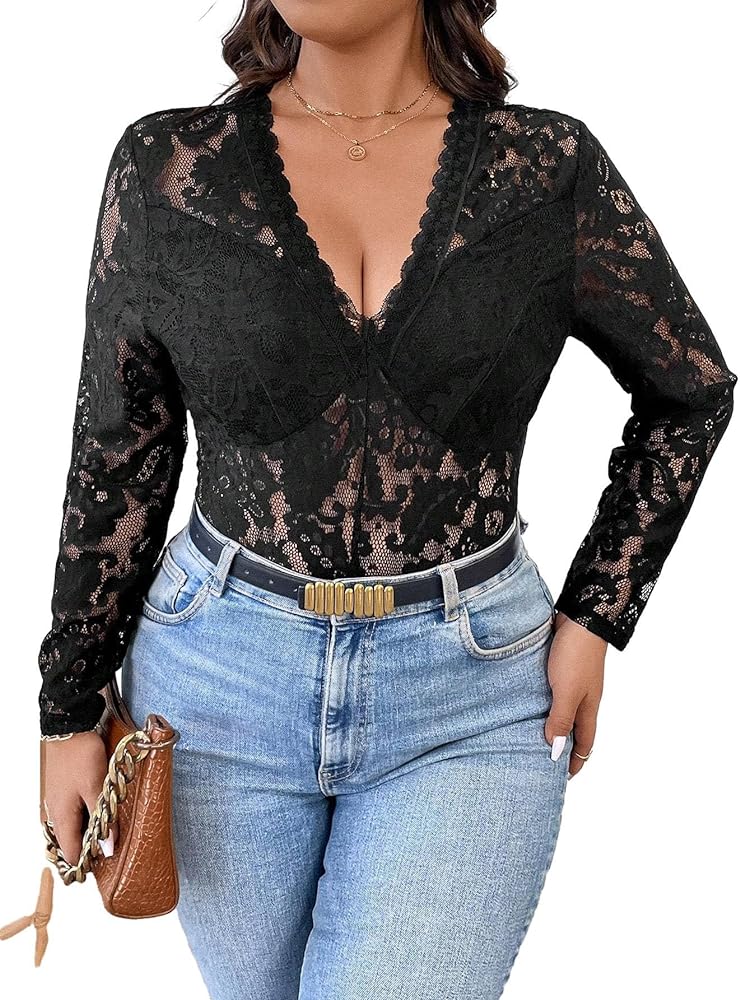 SHENHE Women's Plus Size Lace Long Sleeve Bodysuit Sheer Mesh Leotard Tops