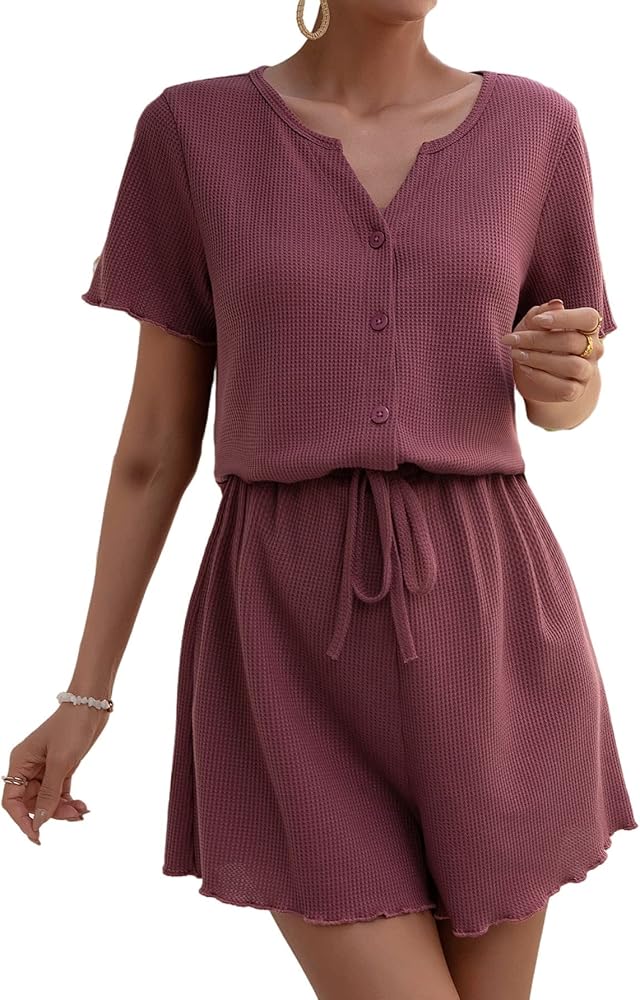 WDIRARA Women's Maternity 2 Piece Outfits Waffle Knit Button Front T Shirt and Tie Front Shorts Set