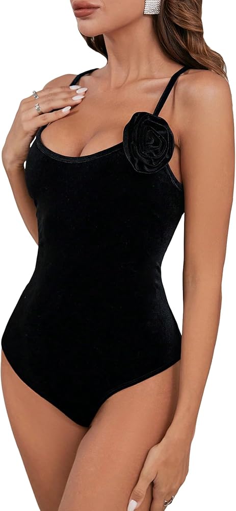 OYOANGLE Women's 3D Rose Sleeveless Criss Cross Backless Spaghetti Strap Velvet Cami Bodysuit Tops