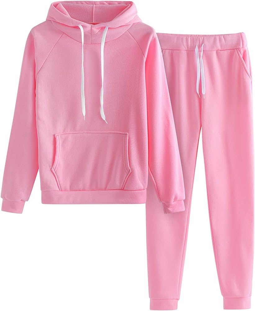 Classic Solid Two Piece Workout Sweatsuits for Women Drawstring Long Sleeve Hoodie Pullover Top and Jogger Pants Sets