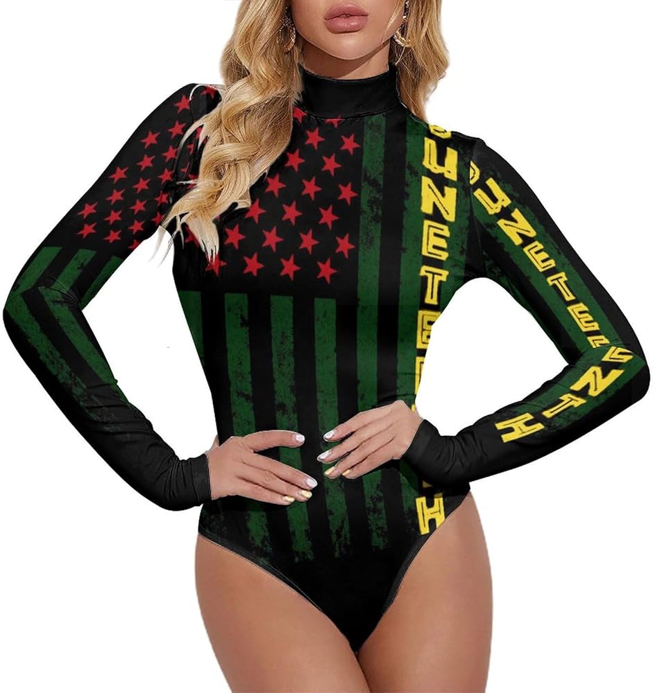 Juneteenth American Flag Women's Bodysuit Tops Turtle Neck Long Sleeve Jumpsuit Print T Shirt