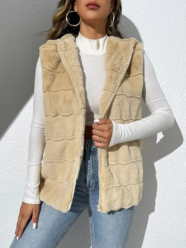 Women's Casual Jacket Fashion Beauty Zip Up Hooded Teddy Vest Coat Unique Comfortable Charming Lovely (Color : Khaki, Size : Medium)