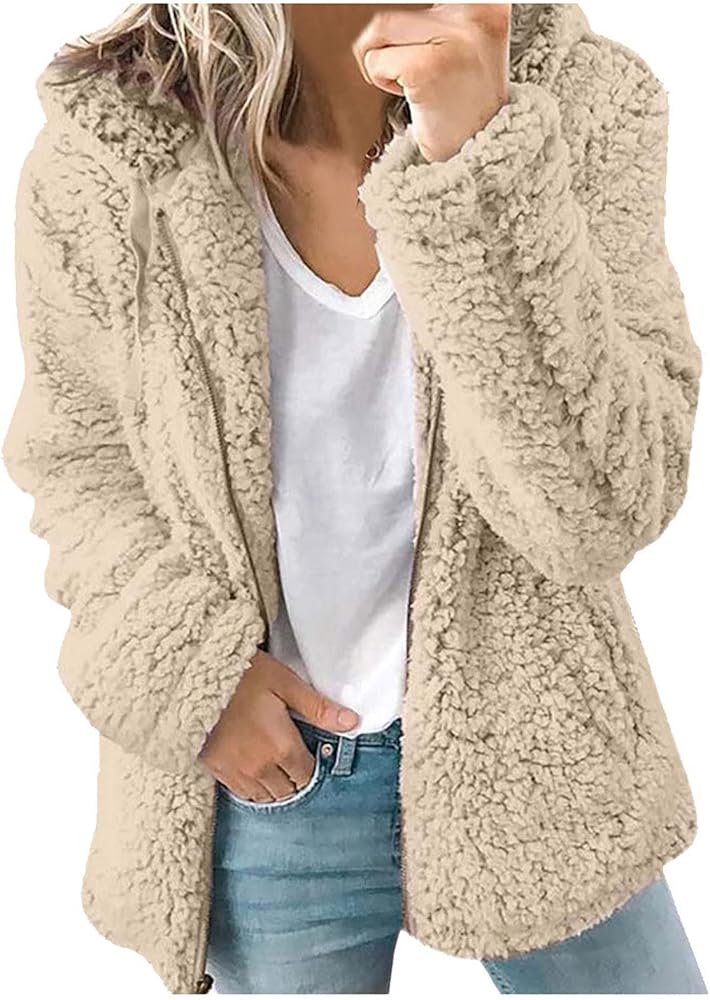 Women's Winter Warm Shaggy Teddy Coats Cozy Faux Coat Fuzzy Jacket Casual Zipper Solid Long Sleeve Outerwear