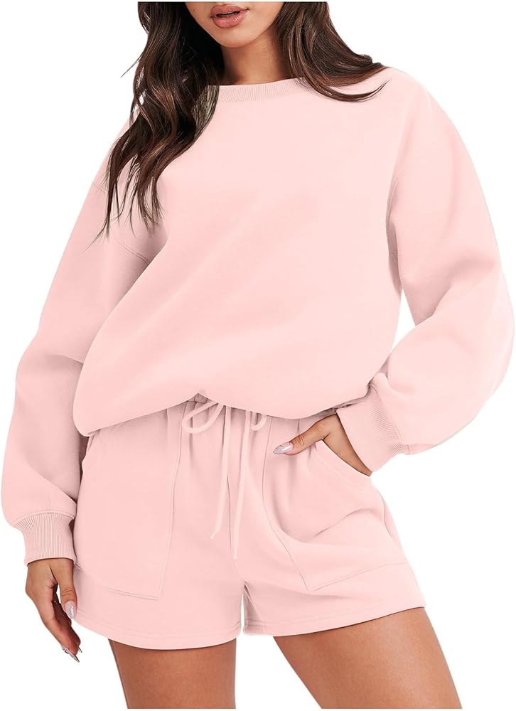 Sweatshirt Sets for Women 2 Piece Shorts Oversized Tacksuit Set Sport Shorts with Pockets 2023 Trendy Outfits Pink Sweatshirt Set l