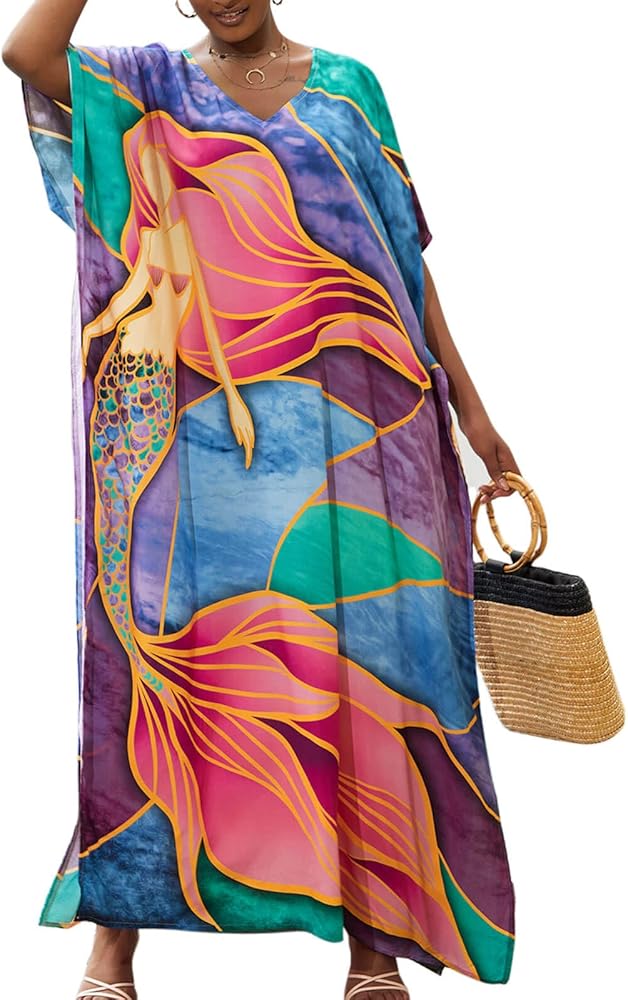 Women Bohemian Print Kaftan Dresses,Beach Maxi Dress,Loose Batwing Sleeve Long Swimsuit Cover Up