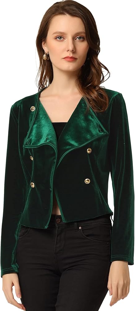 Allegra K Women's Velvet Notched Lapel Double Breasted Cropped Jacket